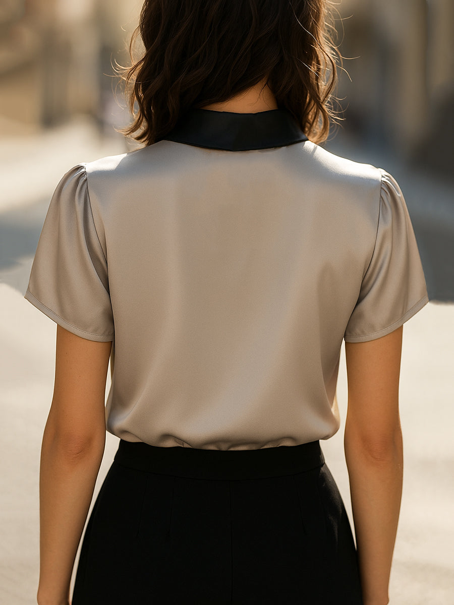 La Clasp Contrastée — Satin Keyhole Blouse