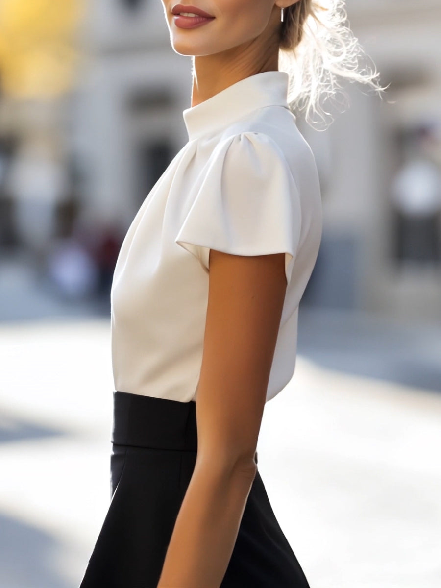 La Plissée Élégante — Pleated High-Neck Blouse