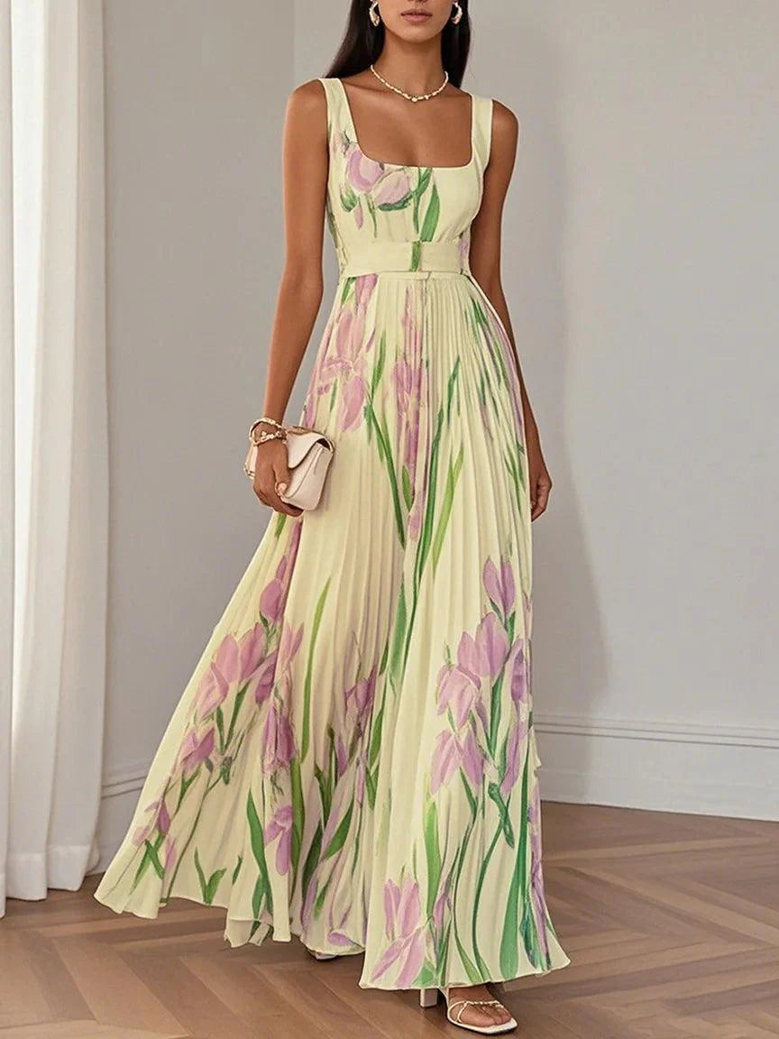 White Pleated Chiffon Maxi Dress