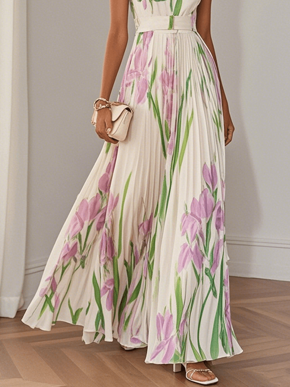 White Pleated Chiffon Maxi Dress