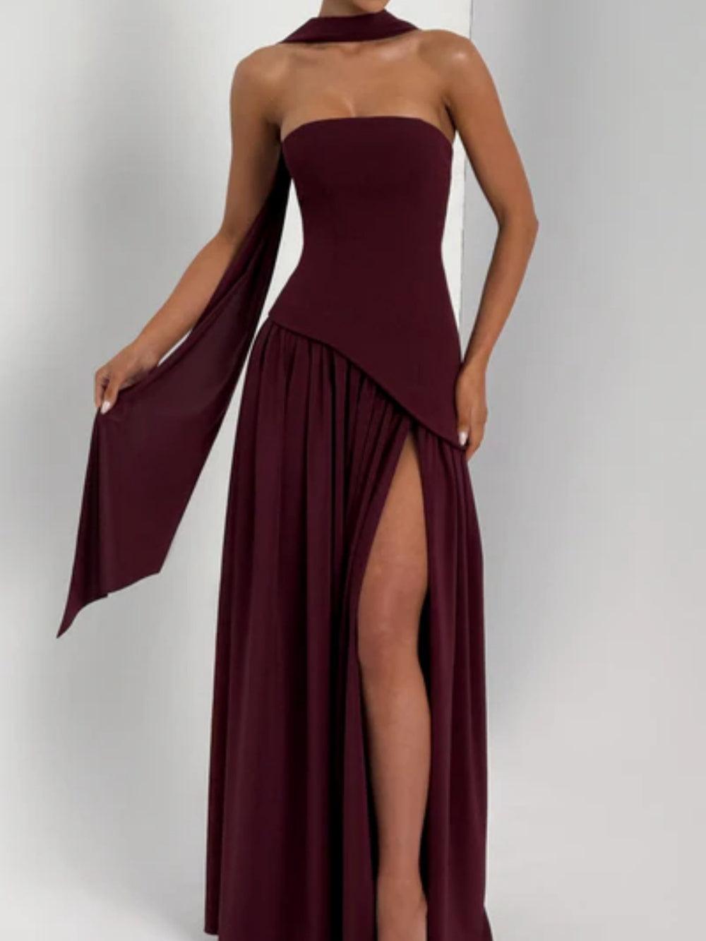 La Maliyah — Strapless Draped Maxi in Cherry Lacquer
