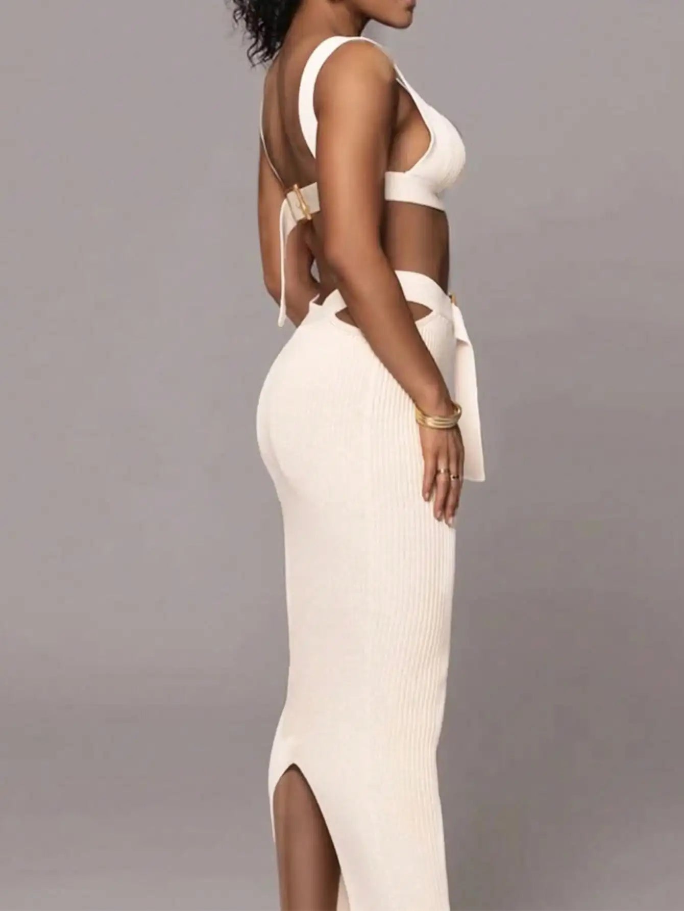 White Knit Square-Neck Crop & Slit Maxi Set – Summer Elegance