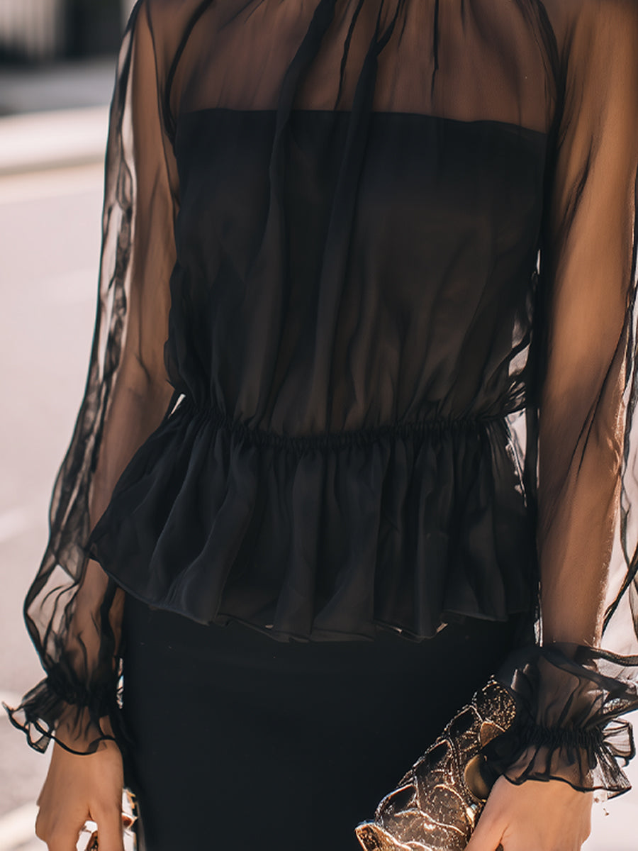 La Transparence Élégante — Sheer High-Neck Blouse