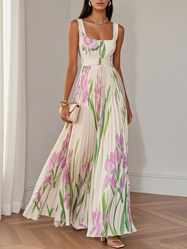 White Pleated Chiffon Maxi Dress