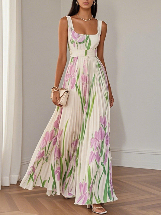 White Pleated Chiffon Maxi Dress