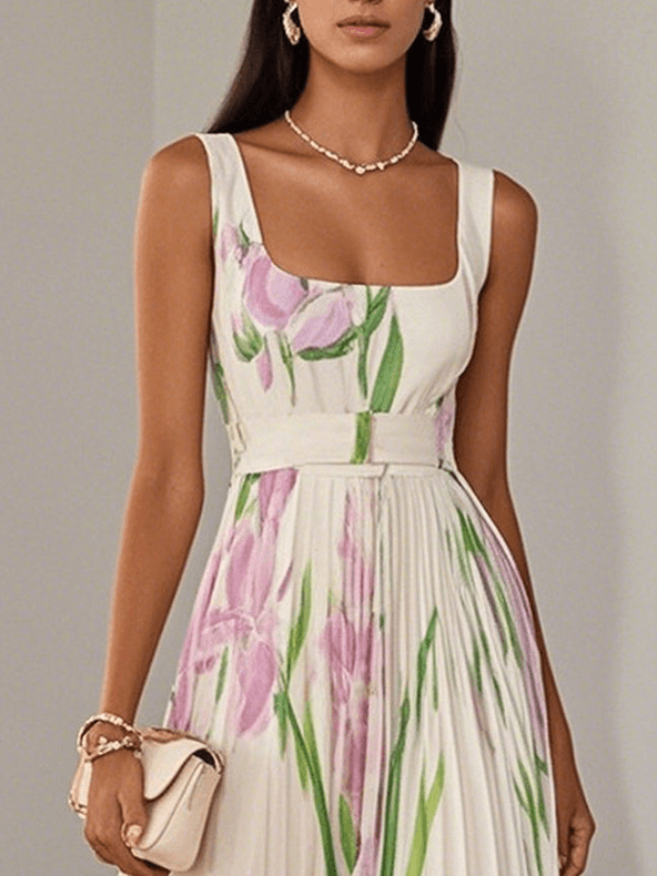 White Pleated Chiffon Maxi Dress