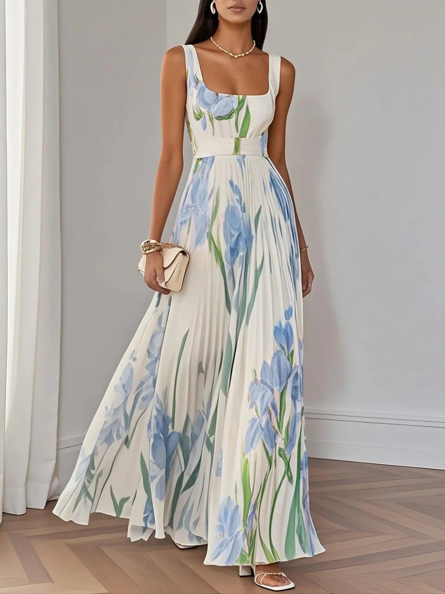 White Pleated Chiffon Maxi Dress