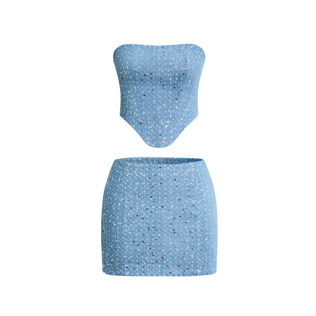 La Lauren — Sparkling Denim Mini Co-Ord in Ice Blue