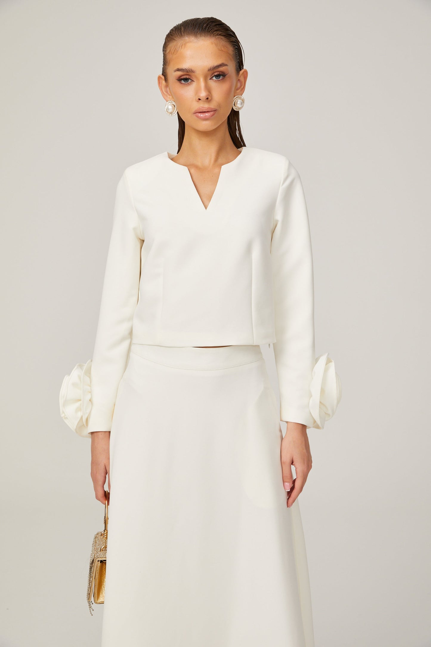 La Pétale Blanche — Cropped petal top and flared midi skirt