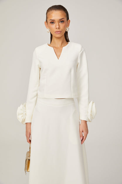 La Pétale Blanche — Cropped petal top and flared midi skirt