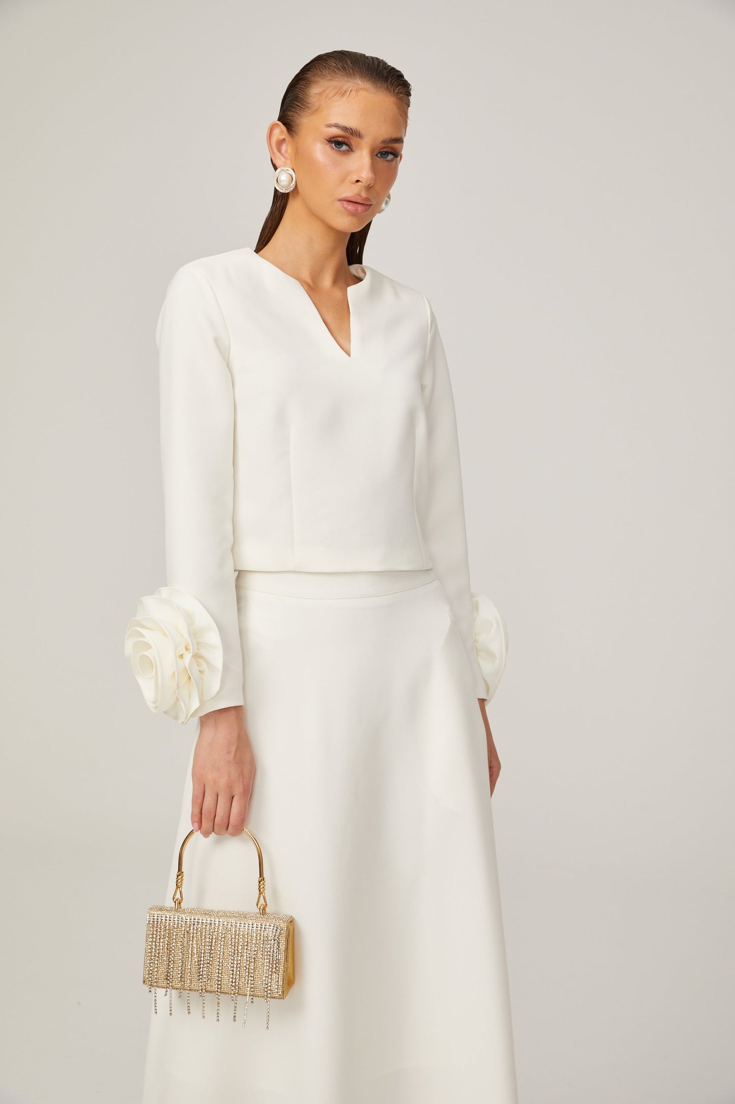 La Pétale Blanche — Cropped petal top and flared midi skirt