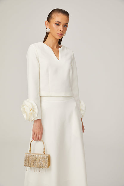 La Pétale Blanche — Cropped petal top and flared midi skirt