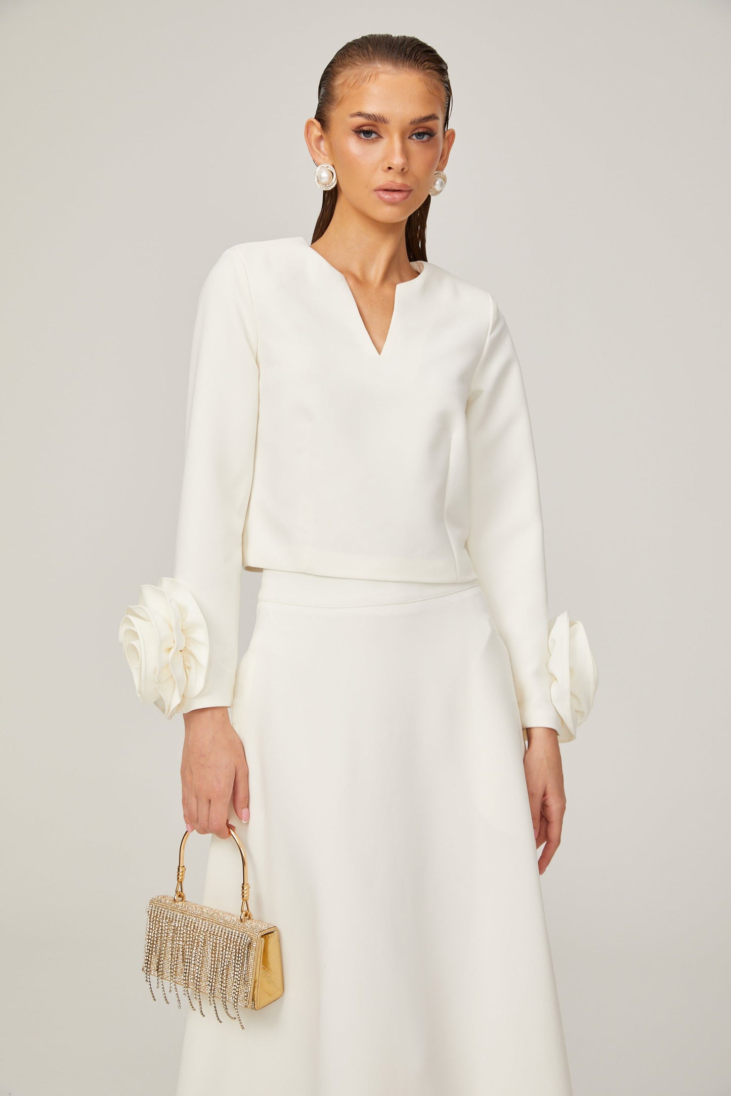 La Pétale Blanche — Cropped petal top and flared midi skirt
