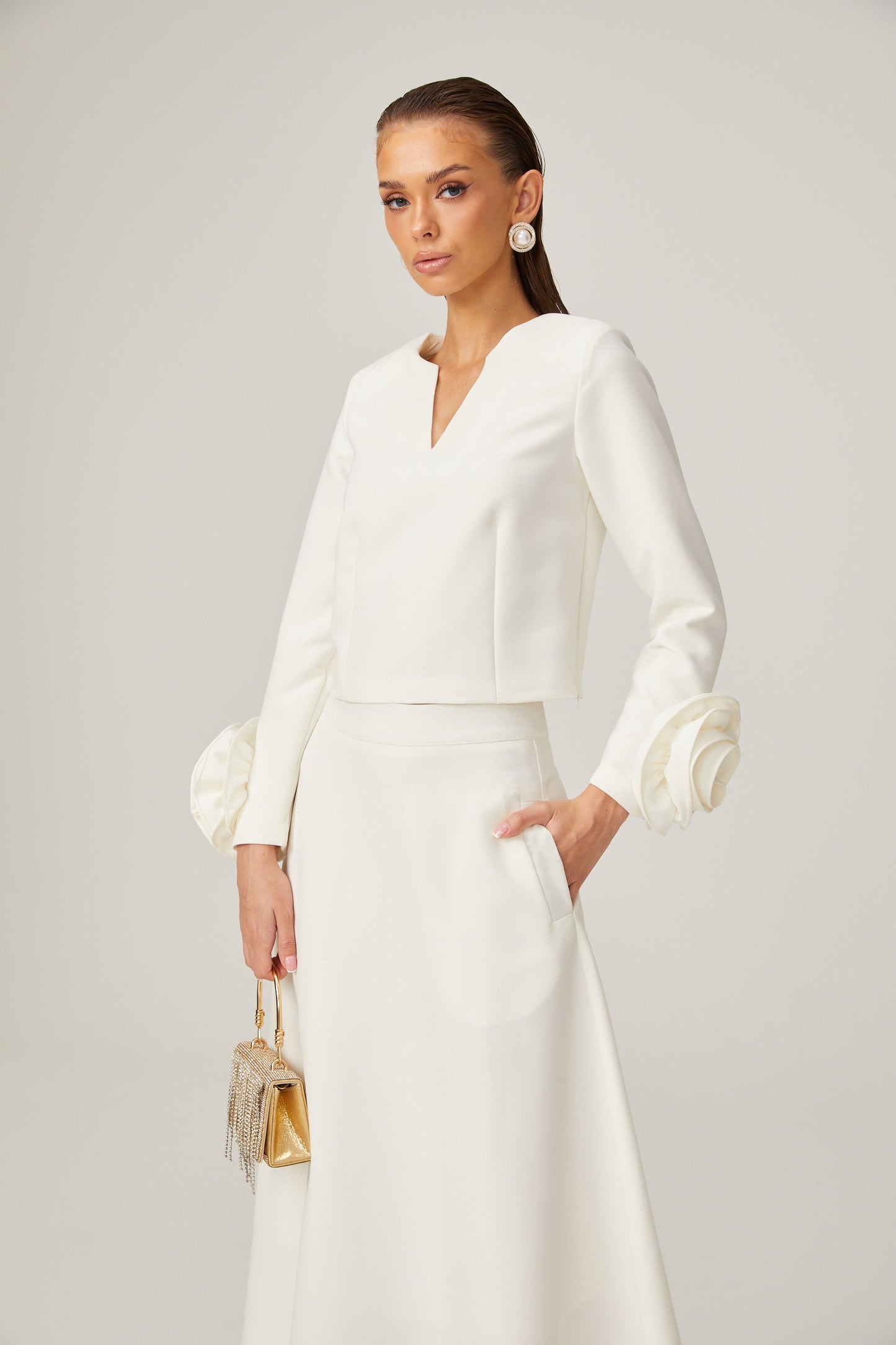 La Pétale Blanche — Cropped petal top and flared midi skirt