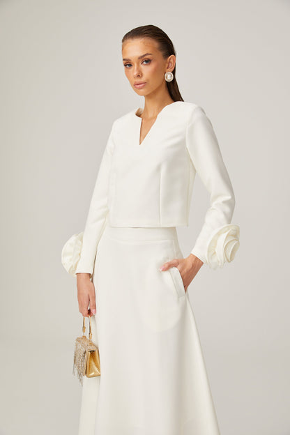 La Pétale Blanche — Cropped petal top and flared midi skirt