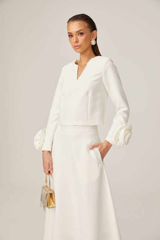 La Pétale Blanche — Cropped petal top and flared midi skirt