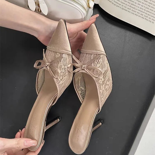 Le Élise Mule — Sheer Lace Bow Heel