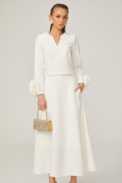 La Pétale Blanche — Cropped petal top and flared midi skirt
