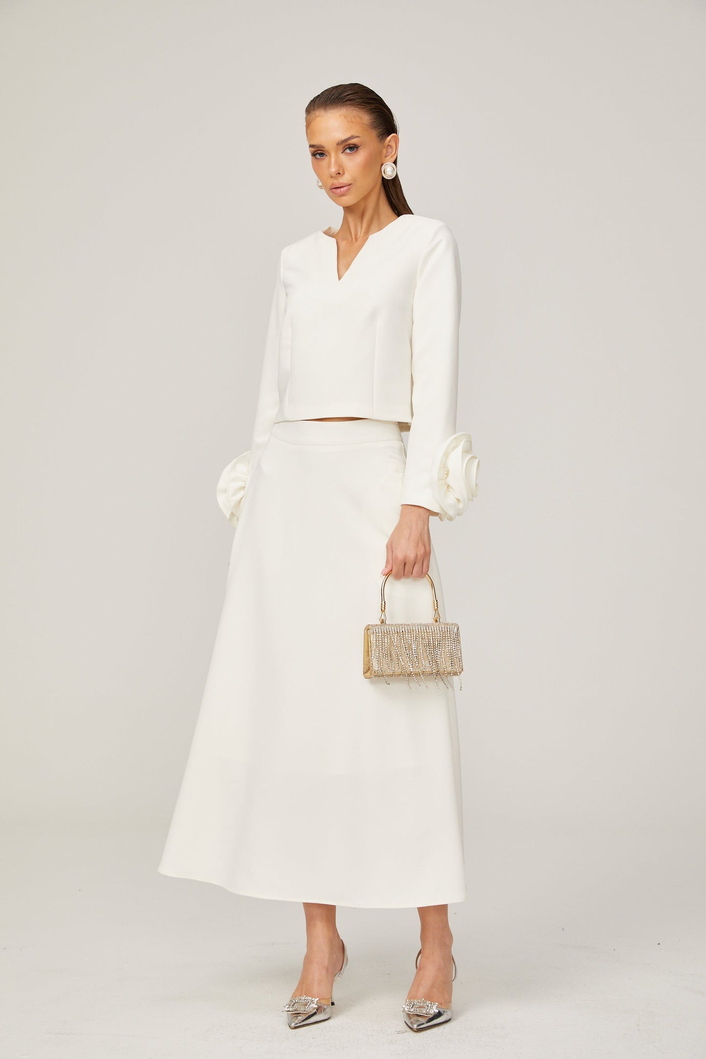 La Pétale Blanche — Cropped petal top and flared midi skirt