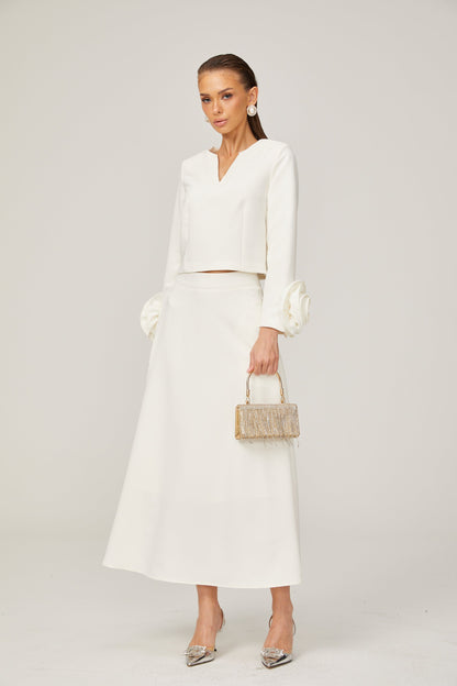 La Pétale Blanche — Cropped petal top and flared midi skirt