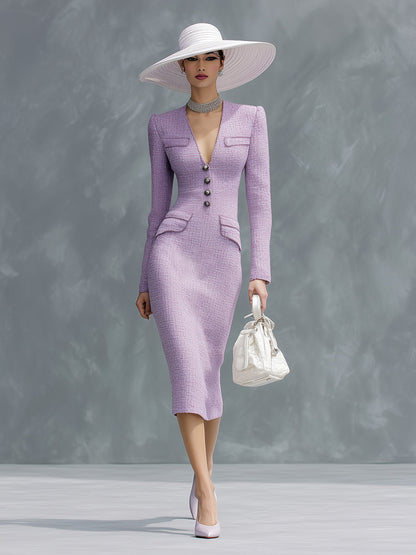 Purple Tweed V-neck Button Waist Midi Dress