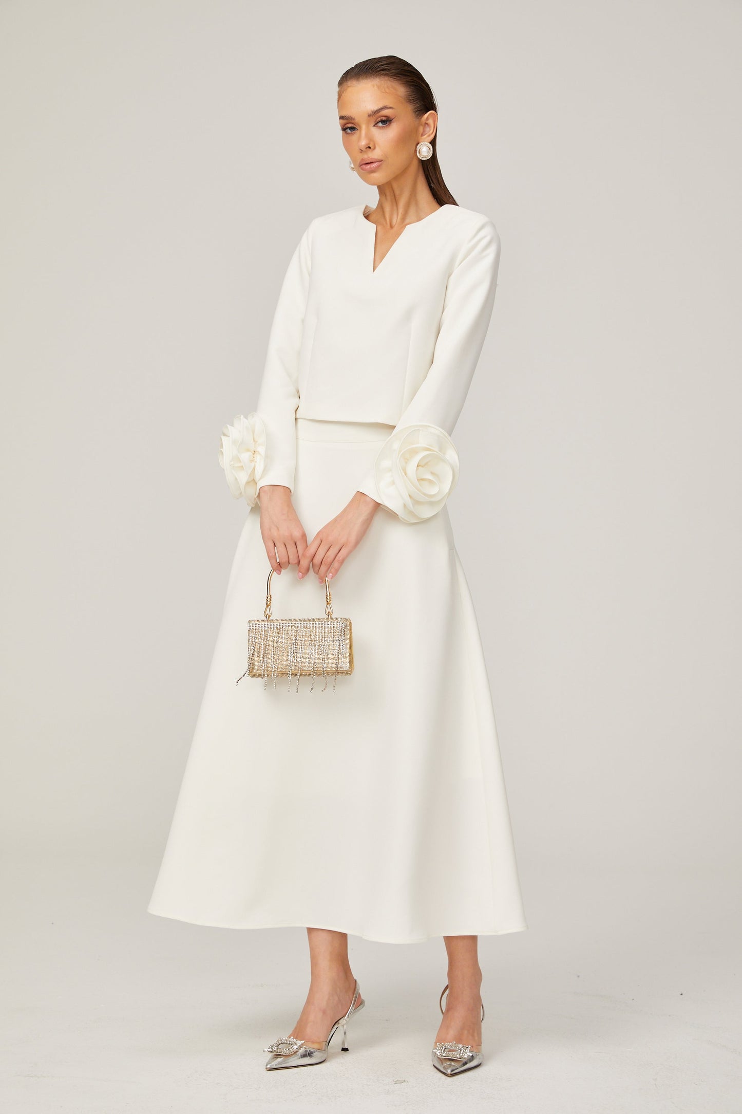 La Pétale Blanche — Cropped petal top and flared midi skirt