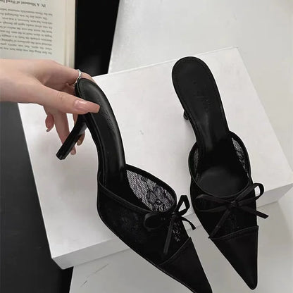 Le Élise Mule — Sheer Lace Bow Heel