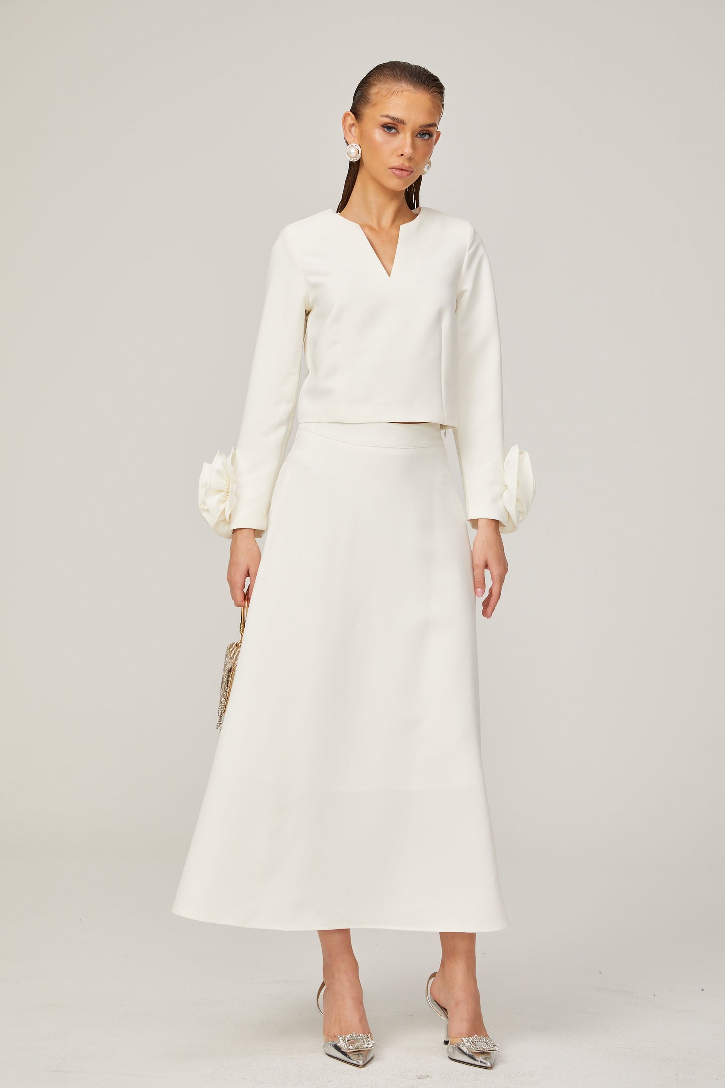 La Pétale Blanche — Cropped petal top and flared midi skirt
