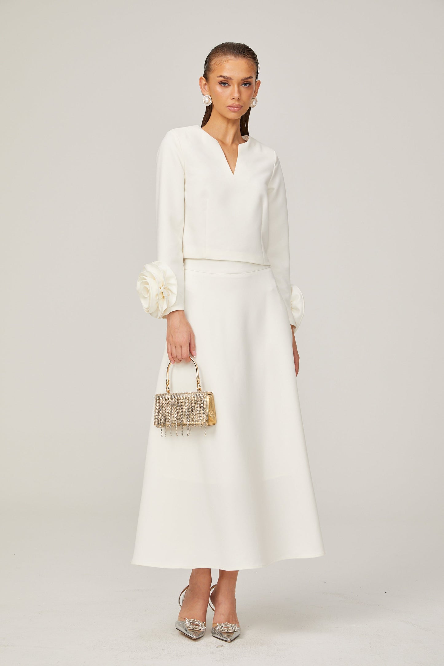 La Pétale Blanche — Cropped petal top and flared midi skirt
