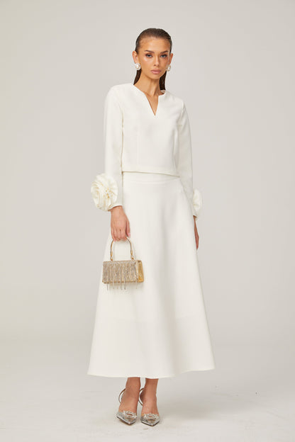 La Pétale Blanche — Cropped petal top and flared midi skirt