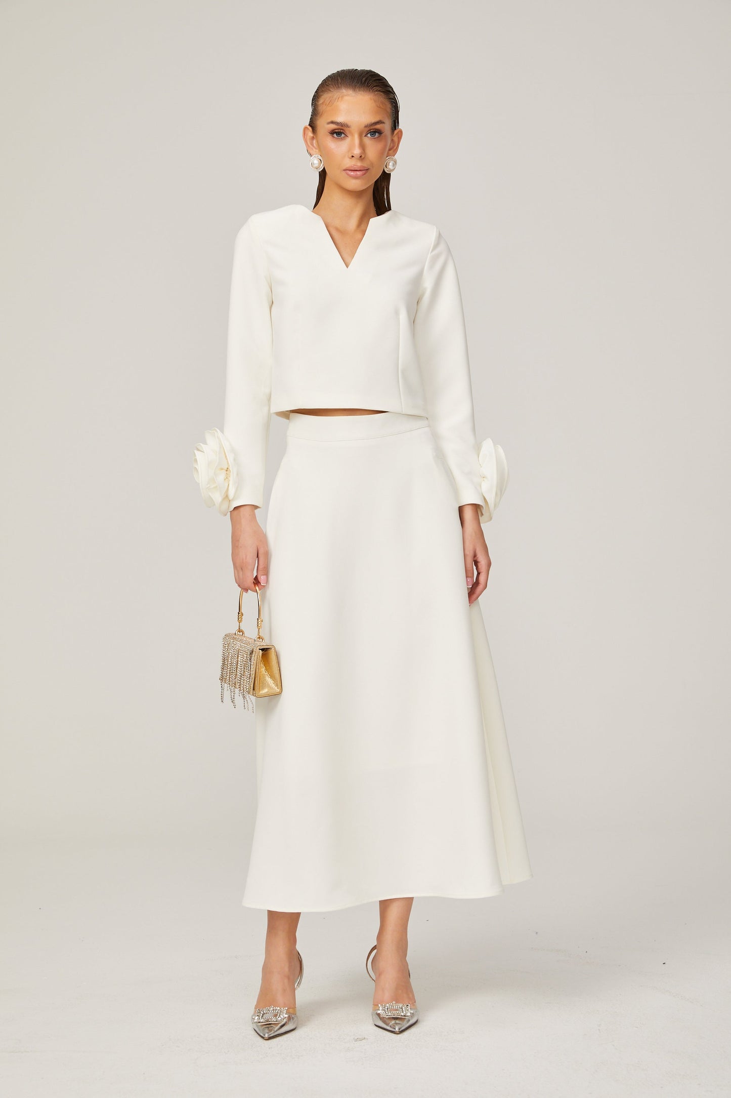 La Pétale Blanche — Cropped petal top and flared midi skirt