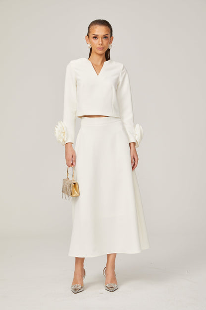 La Pétale Blanche — Cropped petal top and flared midi skirt