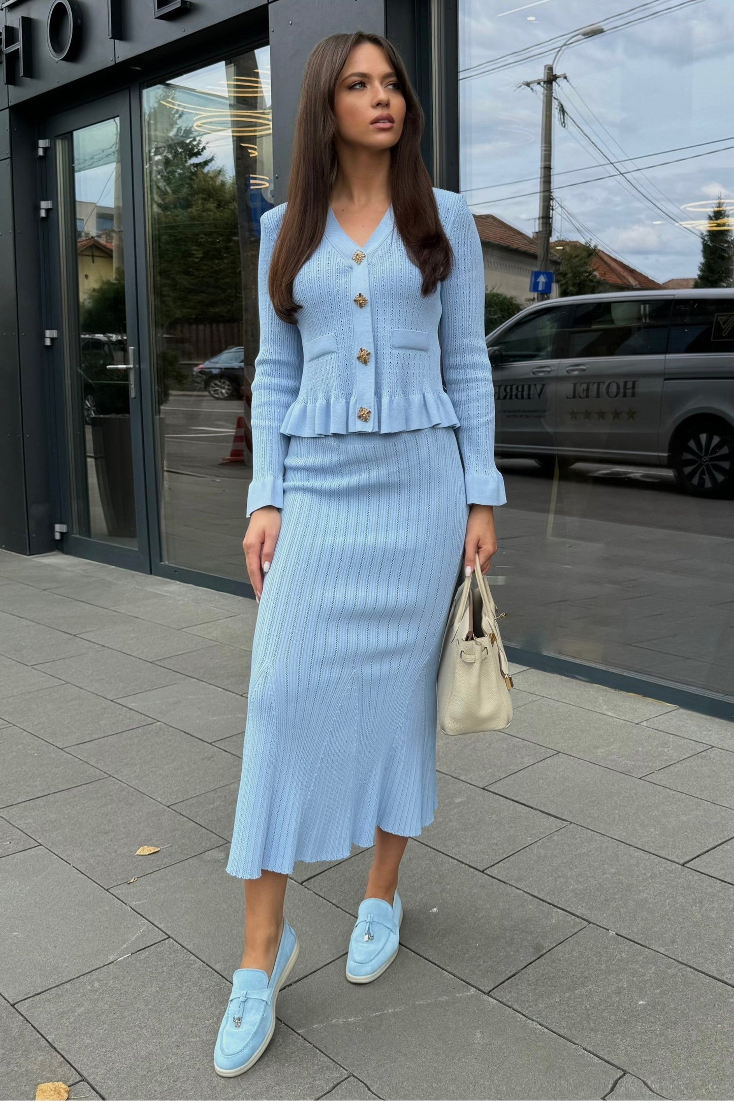 La Mirelle — Ribbed Knit Peplum Set in Sky Blue