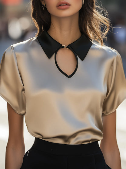La Clasp Contrastée — Satin Keyhole Blouse