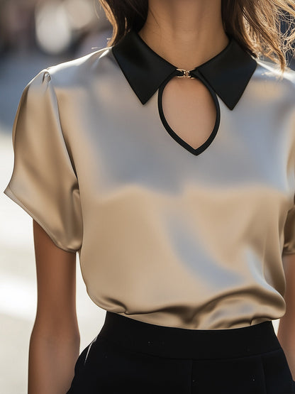La Clasp Contrastée — Satin Keyhole Blouse