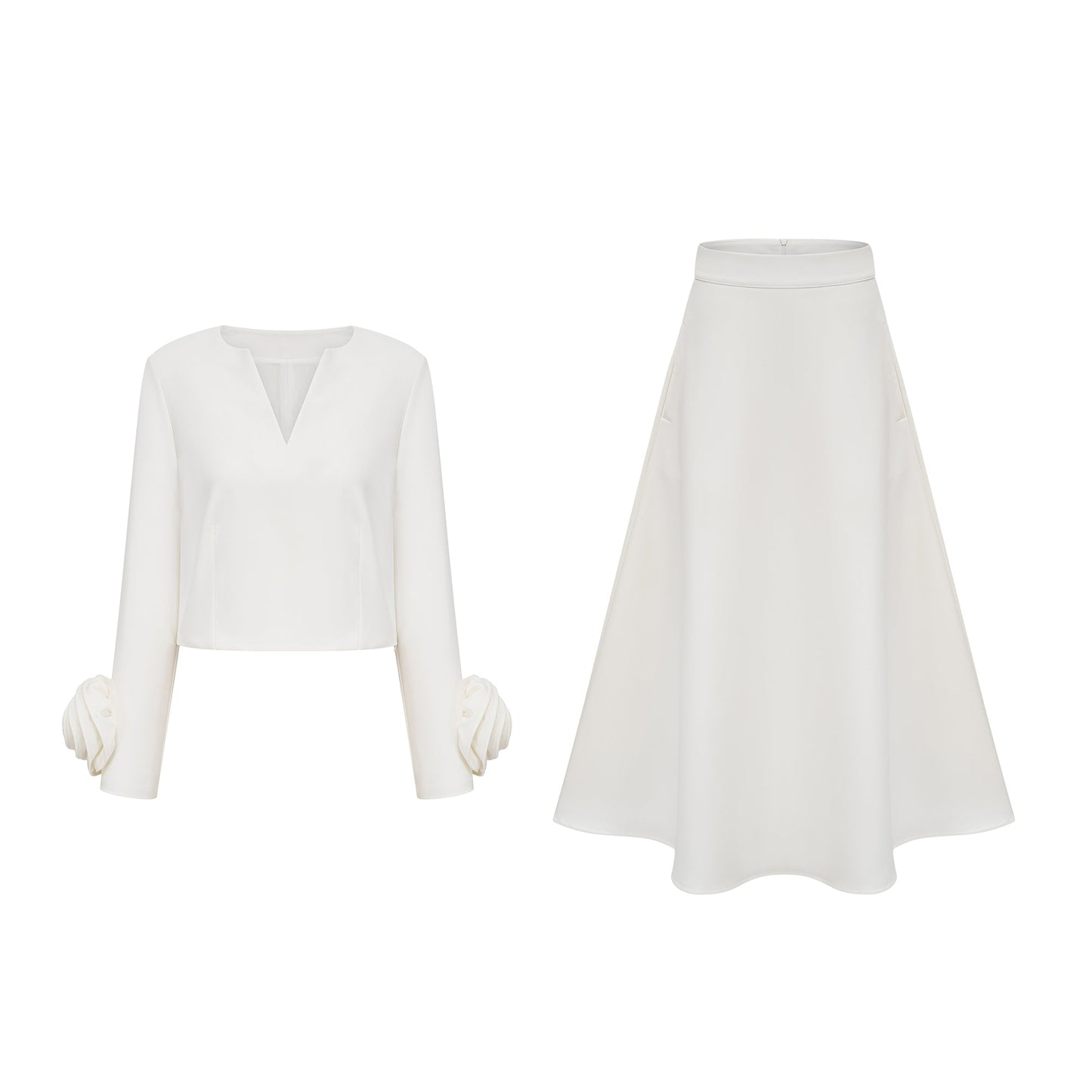 La Pétale Blanche — Cropped petal top and flared midi skirt