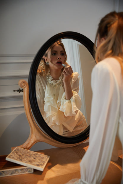 La Rêverie Éclat — Ruffled pearl and crystal blouse