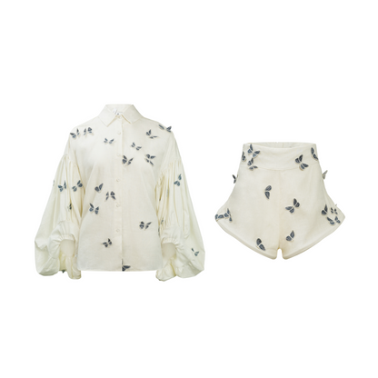 La Brise Papillon — Embroidered shirt and high-waisted shorts set