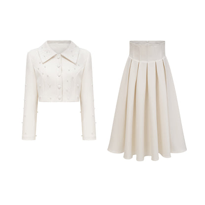 La Allure Blanche — Pearl-trim cropped jacket and pleated maxi skirt