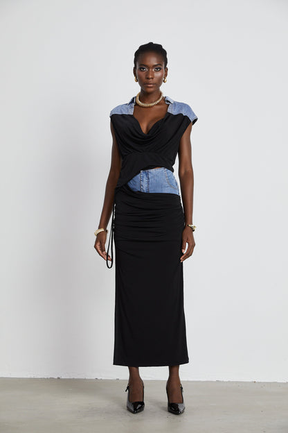 La Contraste Cintrée — Panelled draped top and skirt set