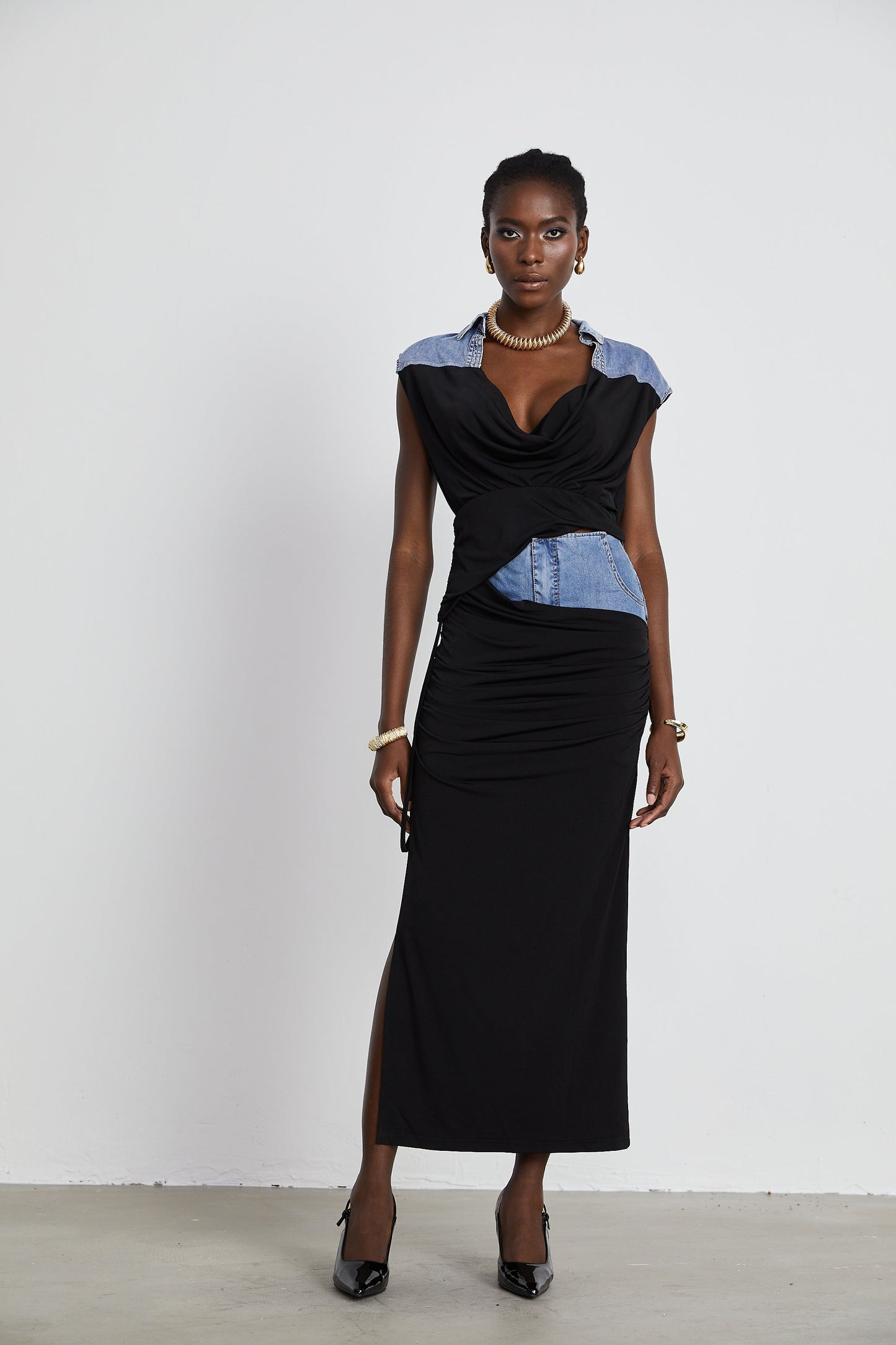La Contraste Cintrée — Panelled draped top and skirt set