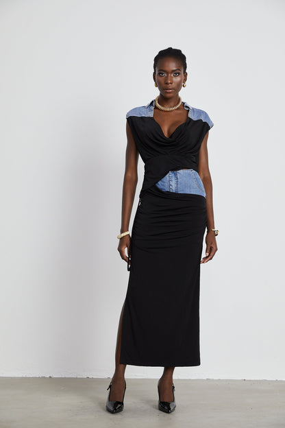 La Contraste Cintrée — Panelled draped top and skirt set
