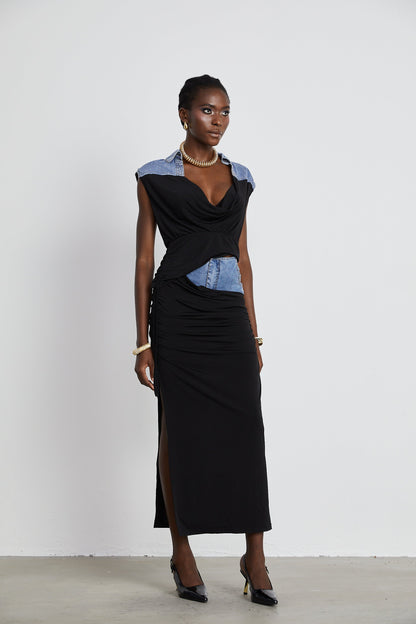 La Contraste Cintrée — Panelled draped top and skirt set