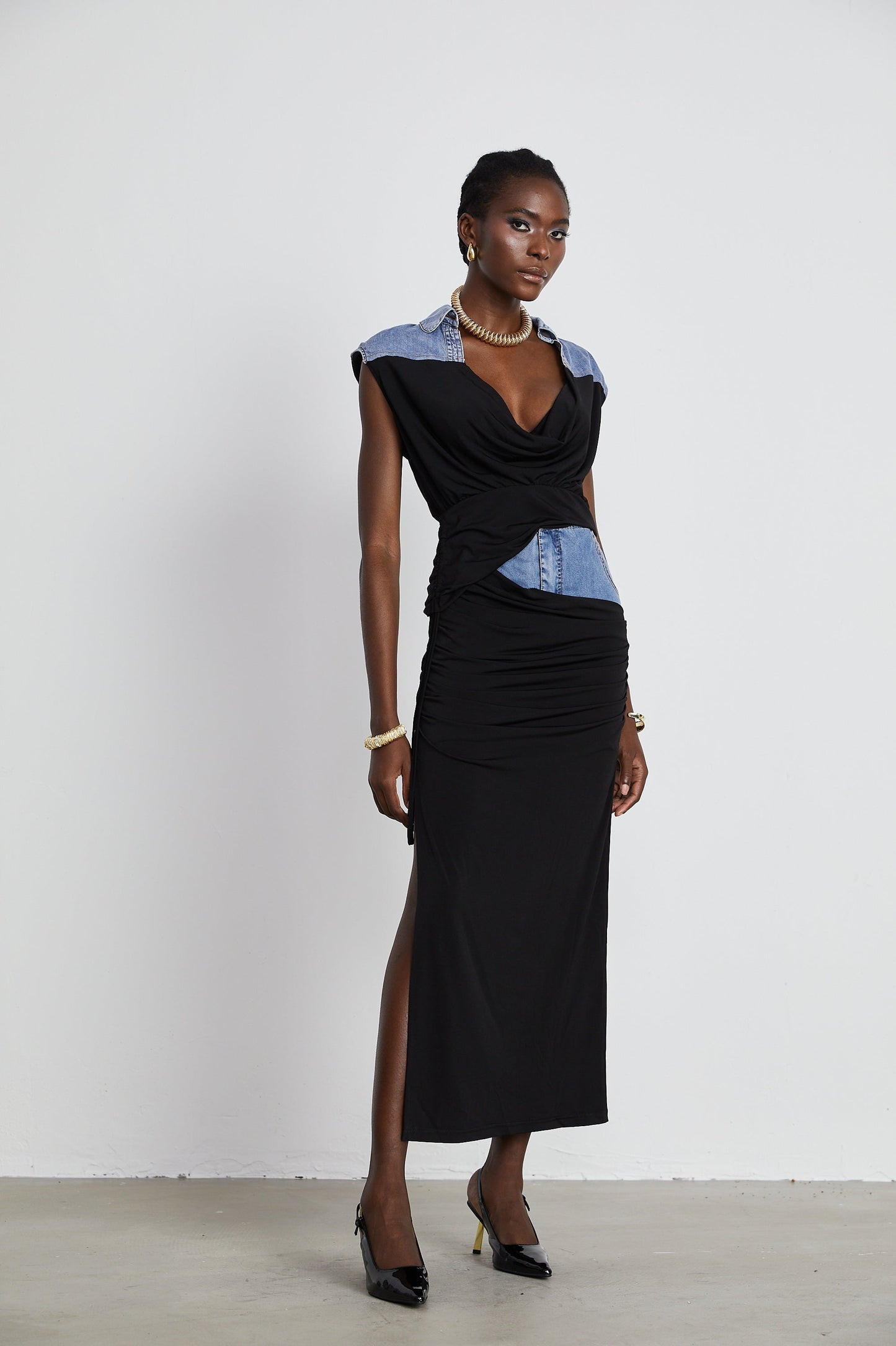 La Contraste Cintrée — Panelled draped top and skirt set