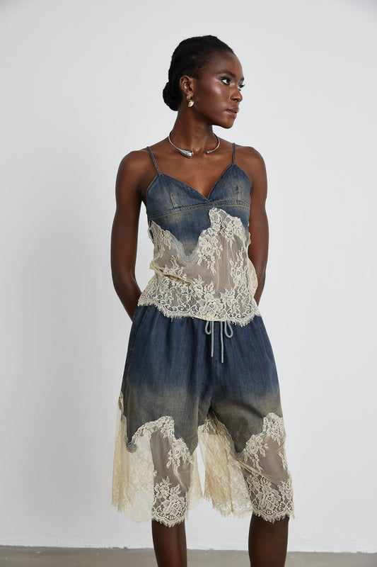La Marée Dentelle — Denim lace camisole and drawstring shorts