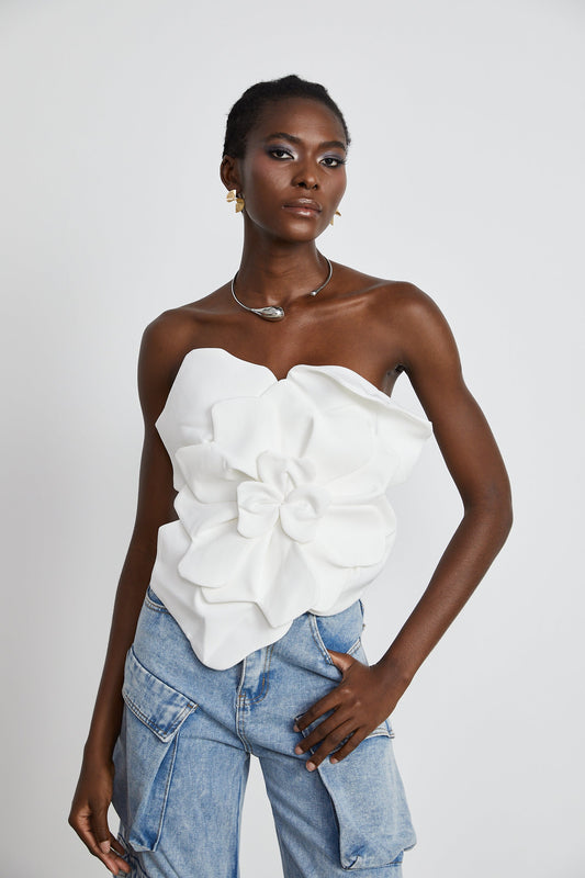 La Fleur Sculptée — Off-shoulder floral appliqué top