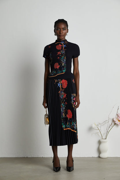 La Jardin Minuit — Printed knit top and pleated midi skirt