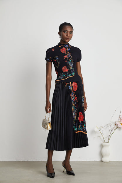 La Jardin Minuit — Printed knit top and pleated midi skirt