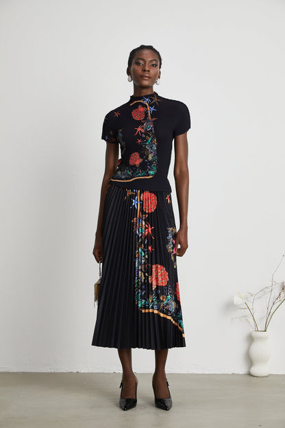 La Jardin Minuit — Printed knit top and pleated midi skirt