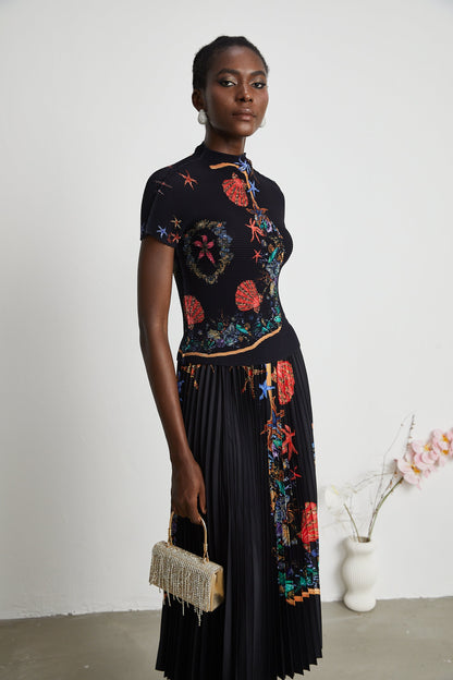 La Jardin Minuit — Printed knit top and pleated midi skirt